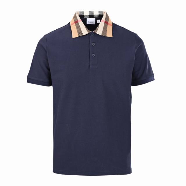 High version navy blue Burberry Bbr plaid collar short sleeve polo shirt The ori