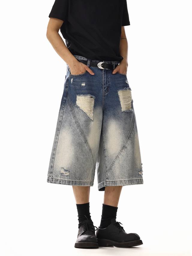 Model No. Xk3372 American retro new washed ripped denim cropped pants for men an