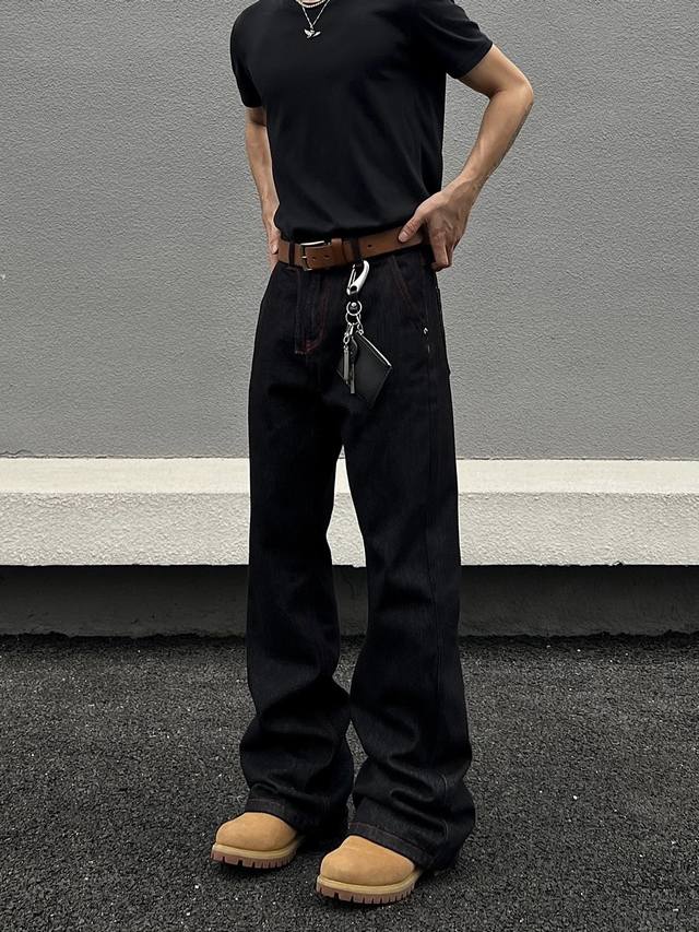 Model No. Xk3370 American old money style black raw denim flared jeans for men a