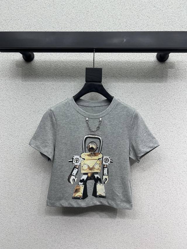 L's grey robot pattern short-sleeved T-shirt is fashionable, low-key, luxurious