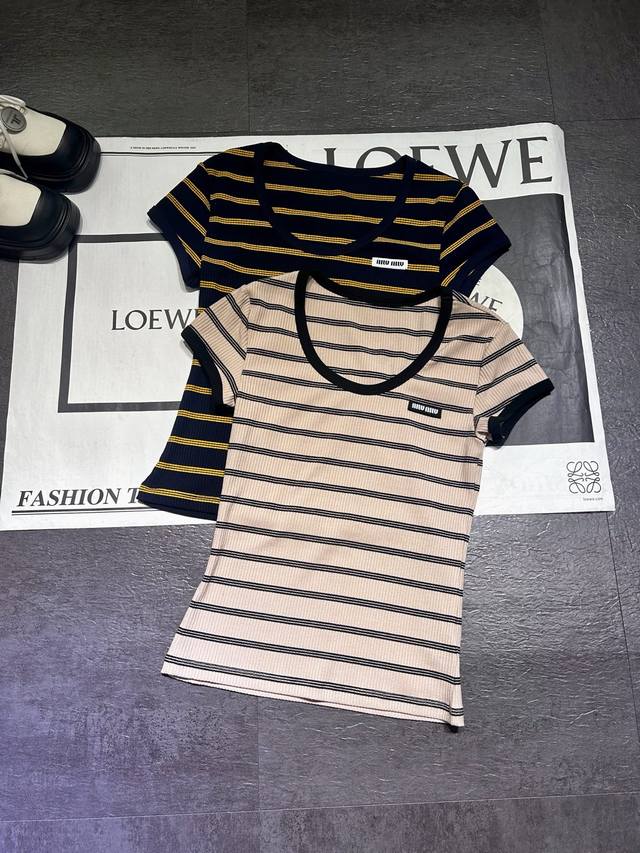 Pp Miumi* striped knitted T-shirt is out, versatile and versatile, the striped c