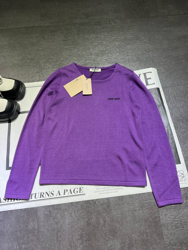 Pp Miumi* 25Fw New autumn and winter micro-logo purple knitted long-sleeved top
