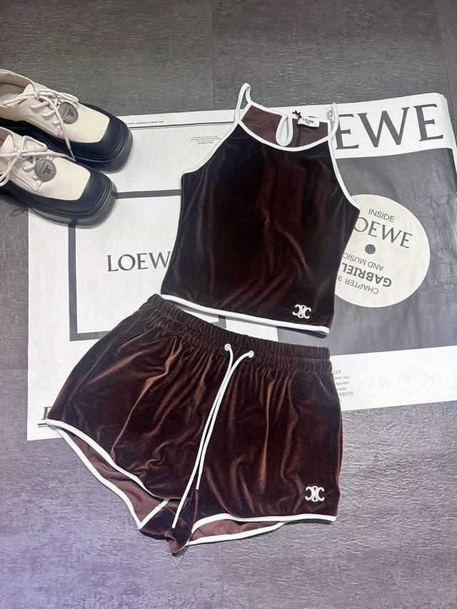 Celin*Celine 25 spring and summer new brown Arc de Triomphe camisole shorts set