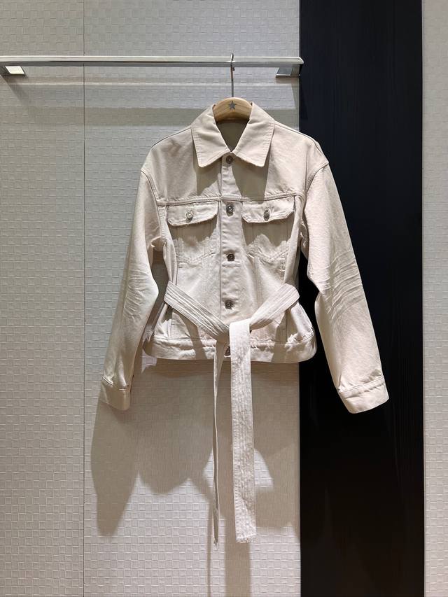 New style distressed beige denim jacket with belt and waist decoration embroider