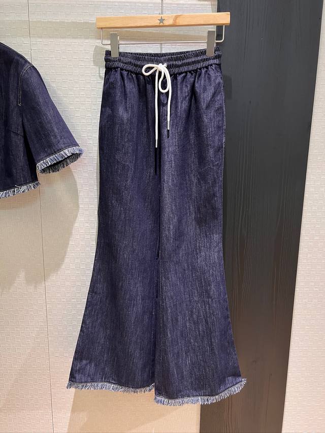 New hand-brushed fringe denim flared wide-leg pants elastic waist tie casual ver