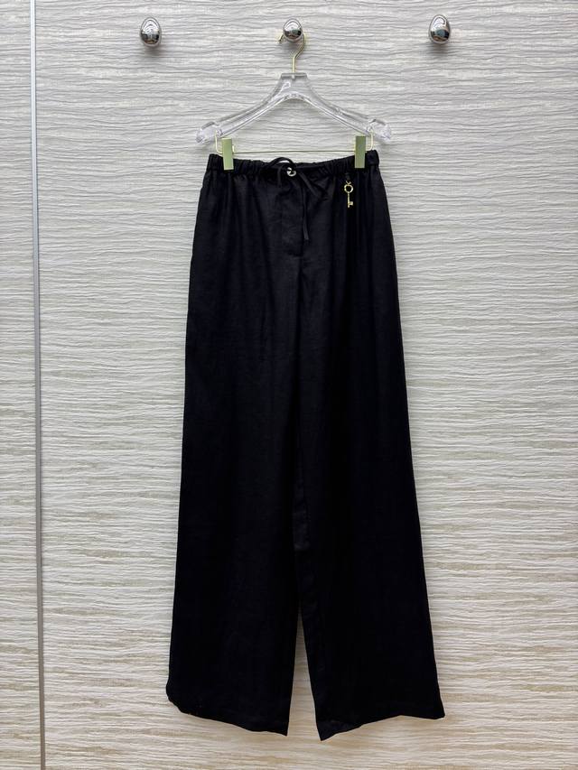 Sch 's 25 new linen casual pants with gold key decoration. High waist, drawstrin
