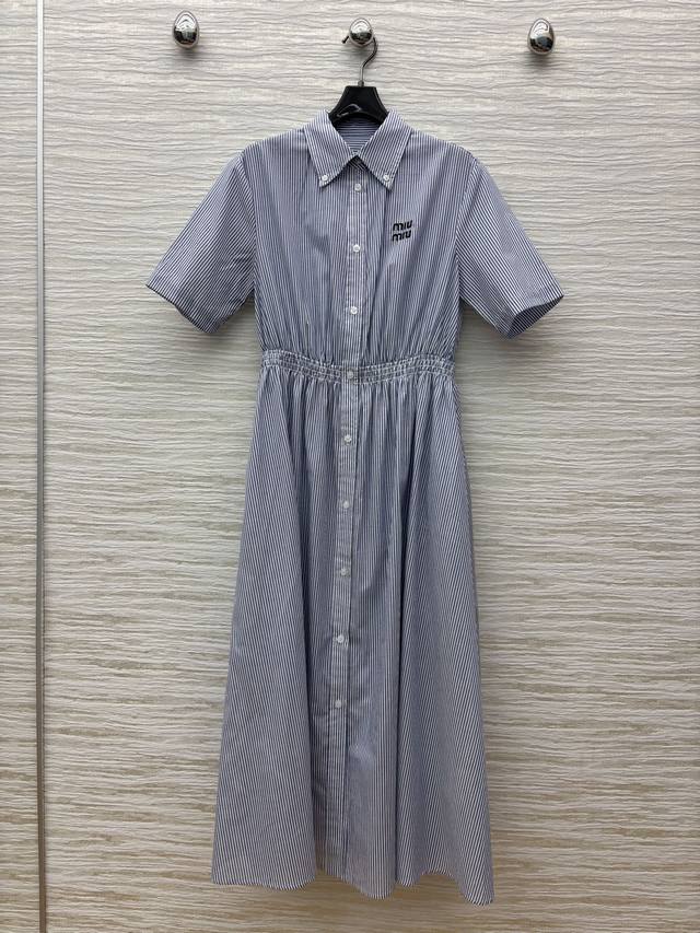 Miu's 25 spring and summer new style lapel blue striped waist dress Super cute s