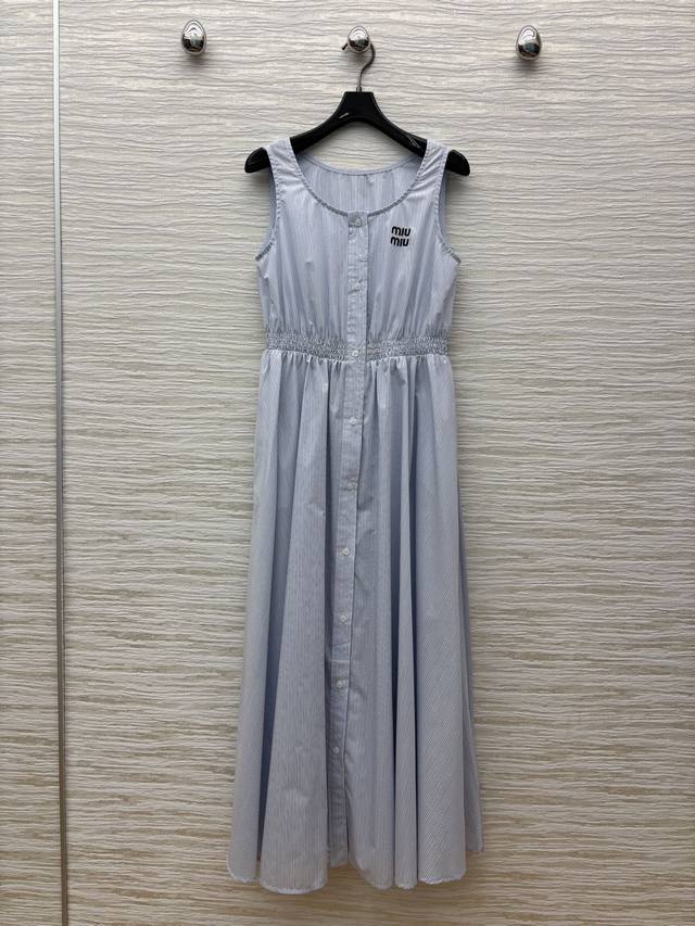 Miu's 25 spring and summer new blue striped sleeveless waist dress Super cute sw