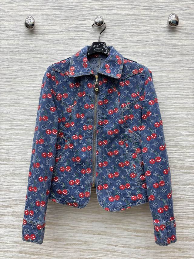 L home 25 summer new cherry letter old flower jacquard denim series lapel zipper