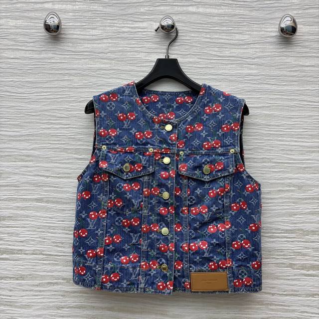 L's 25 summer new cherry old flower jacquard denim series round neck sleeveless