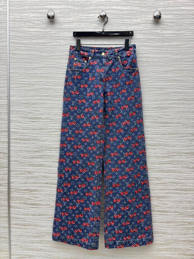 L's 25 summer new cherry letter old flower jacquard denim series high waist stra