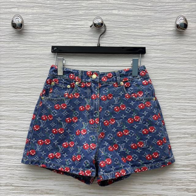 L's 25 summer new cherry letter old flower jacquard denim series high waist A-li