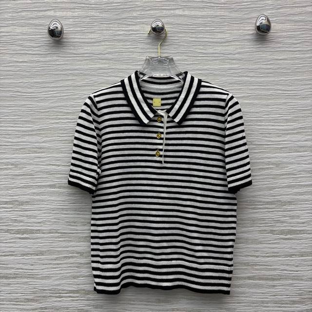 Sch's 25 new Polo collar striped knitted short-sleeved top Classic color matchin