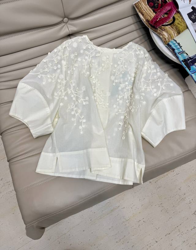 25 new round neck embroidered flower puff sleeve top with heavy jacquard craftsm