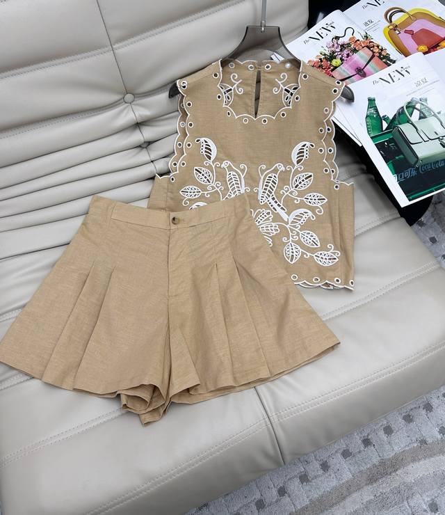 New 25Ss Linen blended material hollow embroidery vest shorts two-piece set Heav