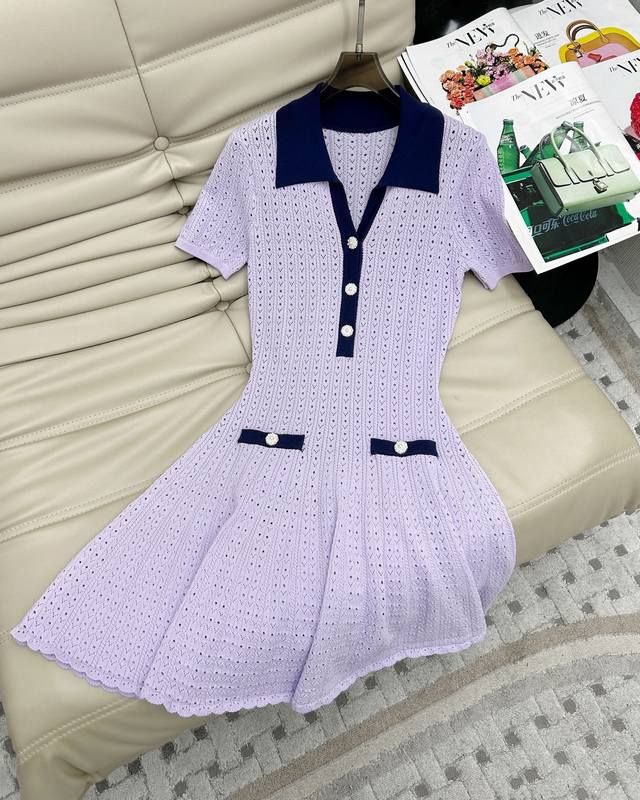 25Ss New contrast lapel V-neck knitted short-sleeved dress Custom knitted materi