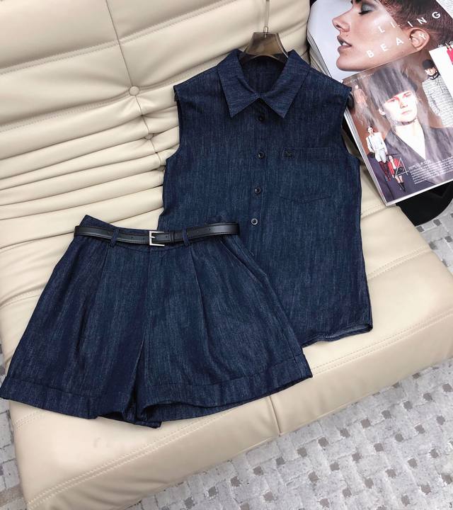 2025 new product lapel Celine sleeveless shirt high waist shorts custom imported