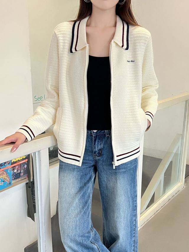 New Miumi*2025 Early Autumn new lapel knitted cardigan, regular lapel zipper jac