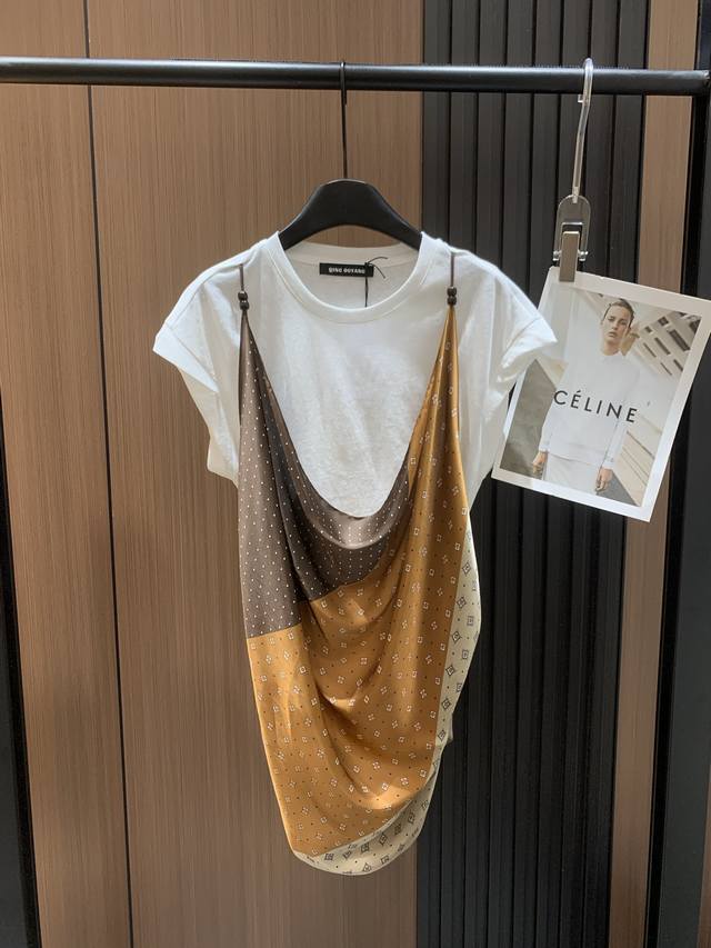 Qing Ouyang 2025 new version fake two-piece stitching print swing collar loose T