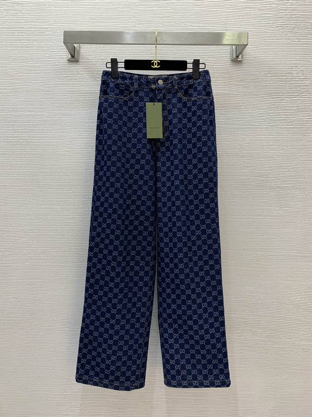 Gucc*I new classic monogram logo jacquard loose fashion straight wide-leg jeans