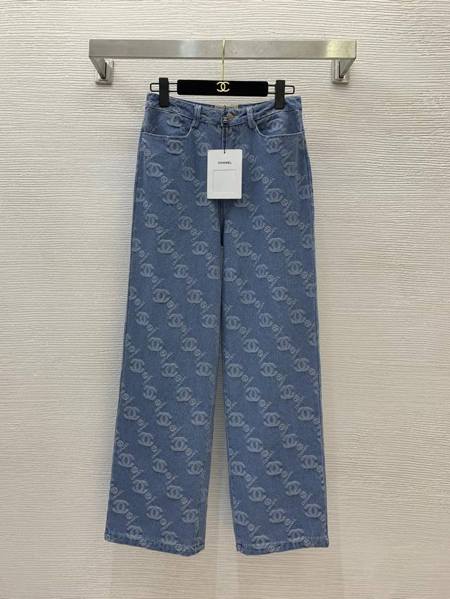 Chane*L new Chanel double C logo jacquard loose fashion straight wide-leg jeans!
