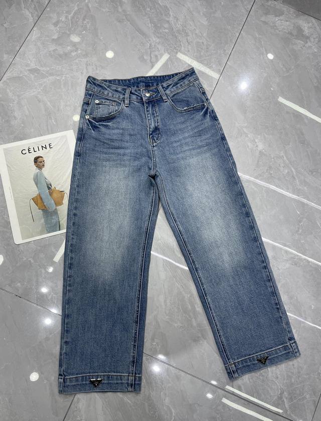 Details shot Pra*25 new retro blue straight nine-point jeans Full of fashion sen