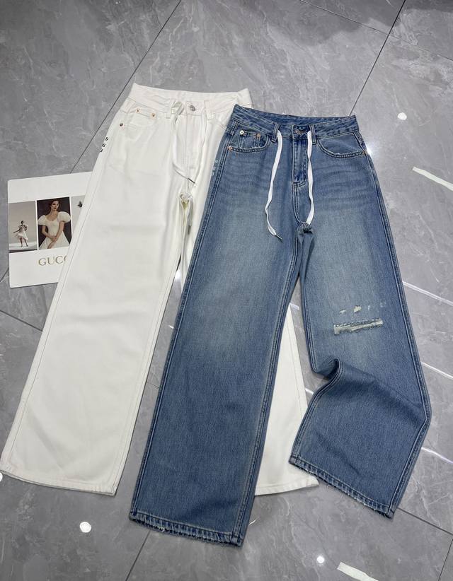 Details Mm* Drawstring ripped straight pants mid-high waist jeans Lyocell fabric