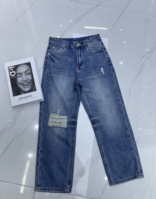 Details shot Am*25 new ripped straight nine-point jeans Full of fashion sense, c