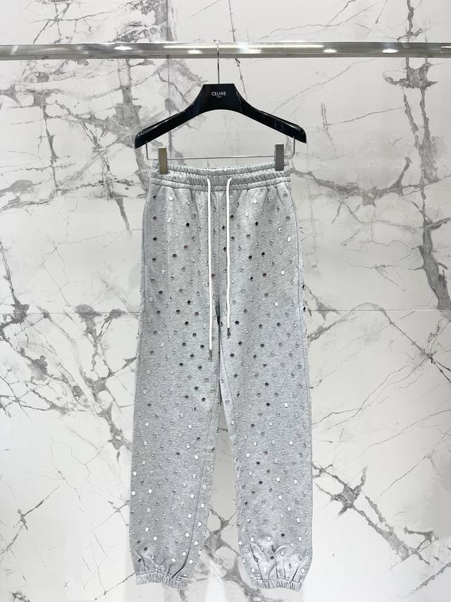 Celine Heavy Sequin Beaded White Casual Sports Pants Covered with exquisite heav