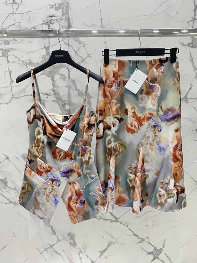 Barr's Oil Painting Series Waist Cord Top Satin Oil Painting Print Series Three-