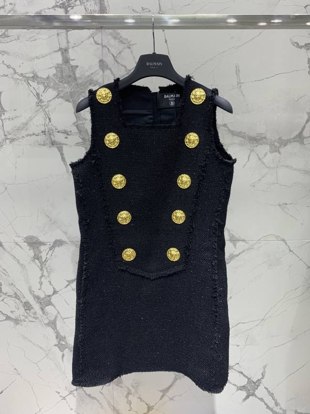 Barr's gold vest sleeveless black dress Light luxury high-end wool sleeveless dr