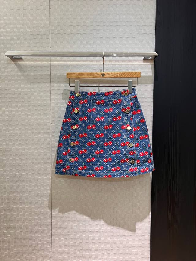 Vest skirt new style cherry old flower double-breasted denim skirt A-line hip-wr