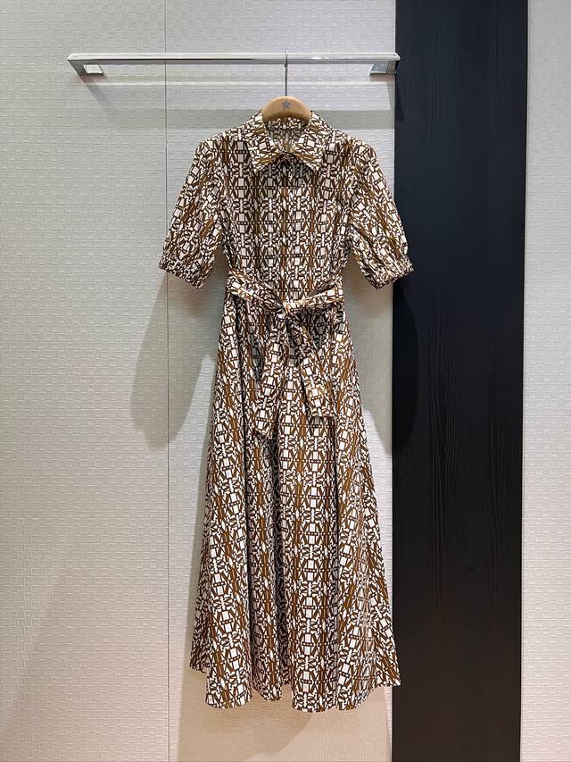 New arrival M letter full print lapel dress long dress cotton fabric belt waist