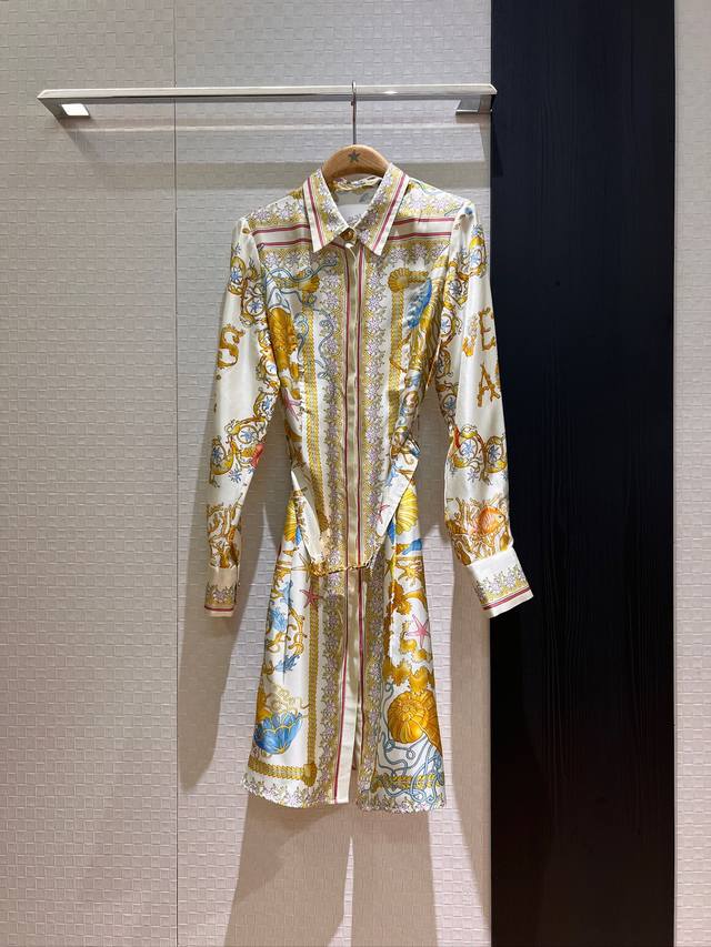 New Versace Versace starfish and shell positioning print silk twill silk dress H