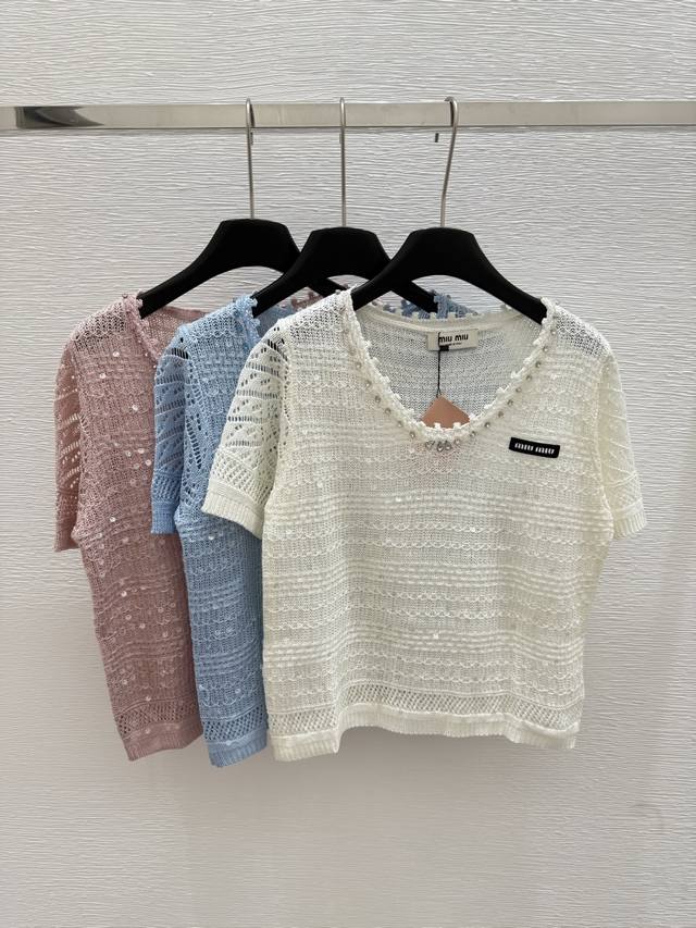 M's new summer round sequins and diamond knitted short sleeves Color: white pink