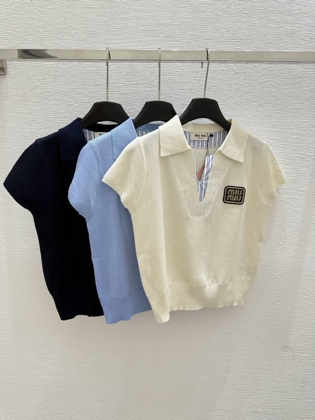 M's new summer lapel fake two-piece knitted short sleeves Color: royal blue blue
