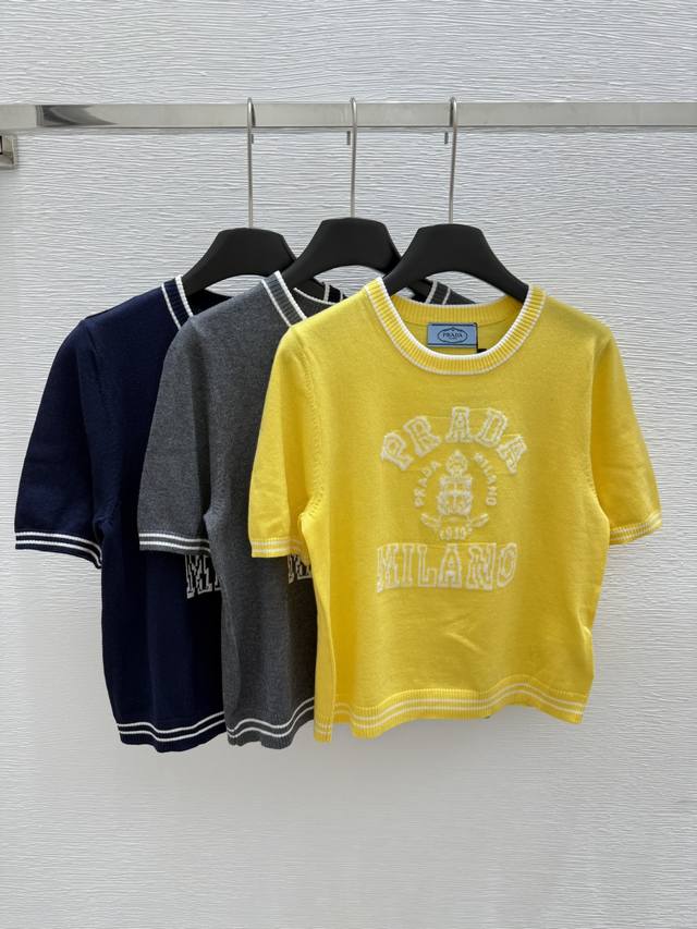 Home Summer New Round Neck Letter Knitted Short Sleeve Color: Royal Blue Gray Ye