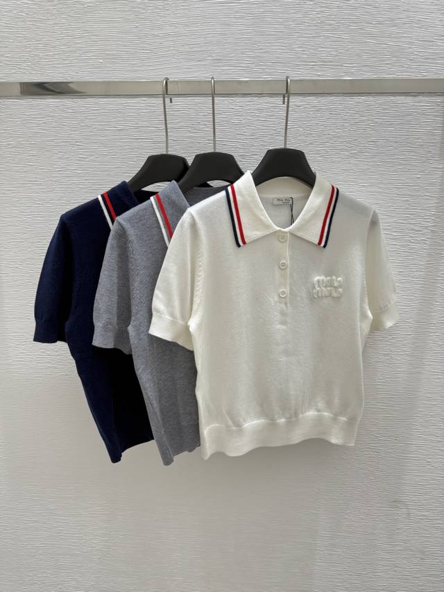 M's new summer lapel knitted short sleeves Color: royal blue gray white Size: 36