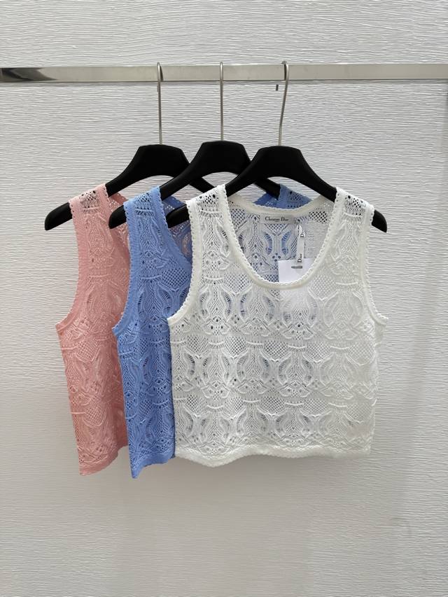 CH's new summer round neck hollow knitted vest Color: white blue pink Size: 36.3