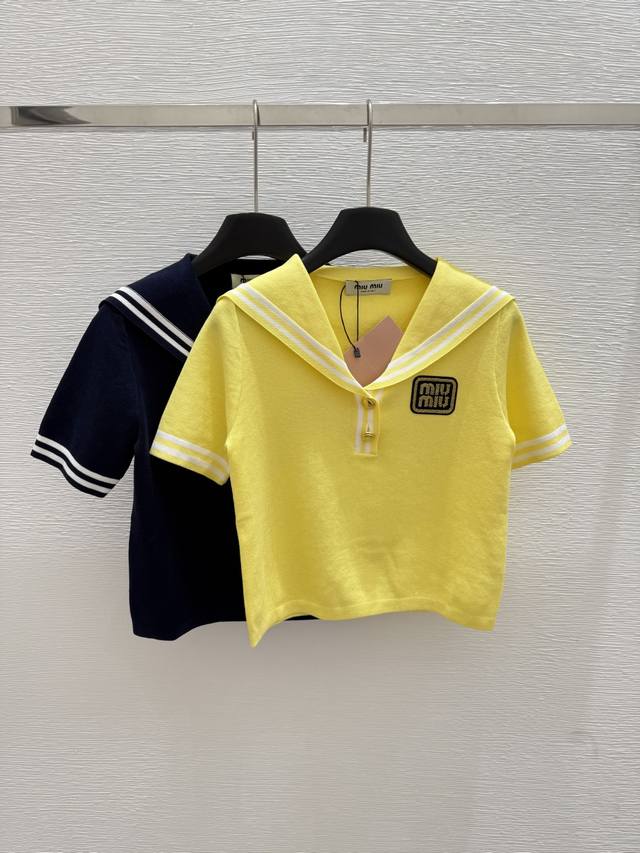 M's new summer navy collar knitted short sleeves Color: royal blue yellow Size: