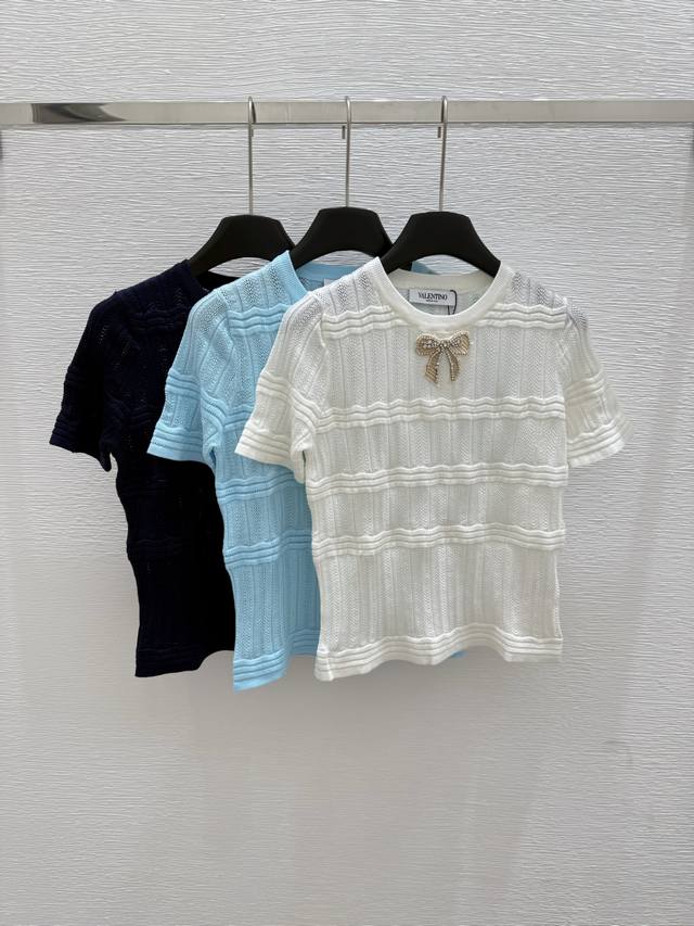 Va's new summer bowknot rhinestone knitted short-sleeves Color: royal blue, whit