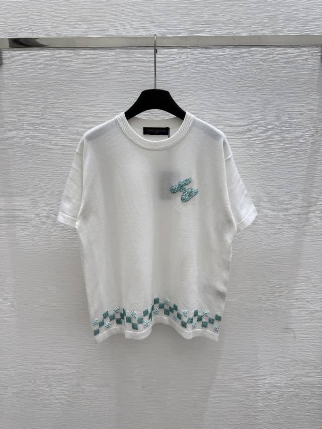 L's new summer round-neck diamond knitted short-sleeved Color: White Size: 36.38