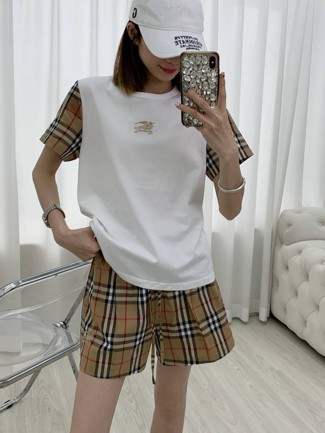 suit New summer style Brr Contrast color plaid embroidery short-sleeved suit Cla