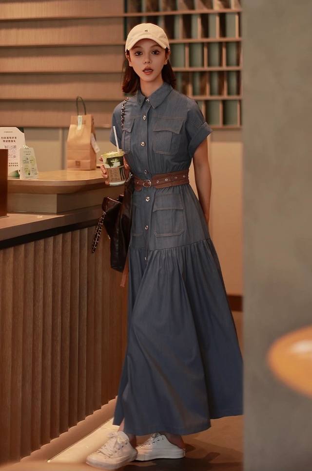 Dress Lyocell Tencel denim fabric, commuting leisure waist short-sleeved dress,