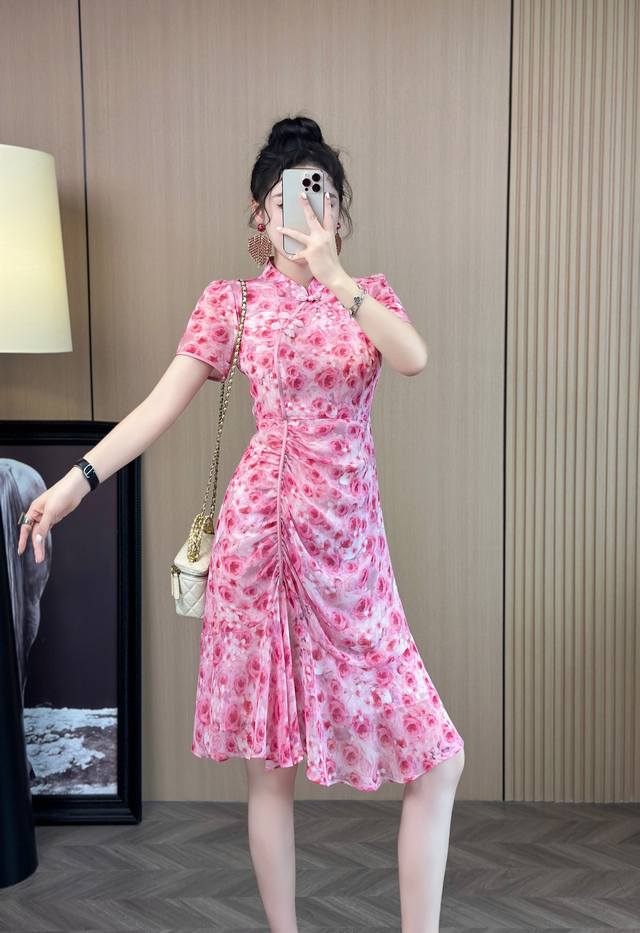 dress Folding rose print dress Shipping irregular version waist style pink and b