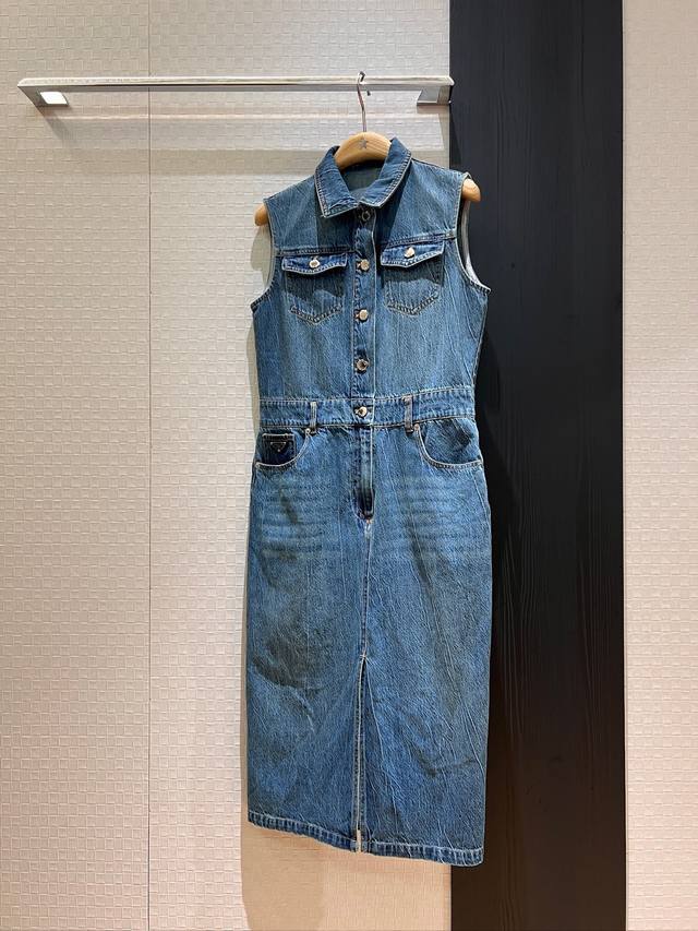New arrival washed denim lapel vest dress long skirt front slit classic triangle