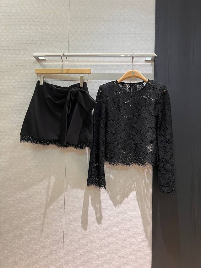 Top skirt new style micro trumpet sleeve lace top bow decoration lace edge skirt
