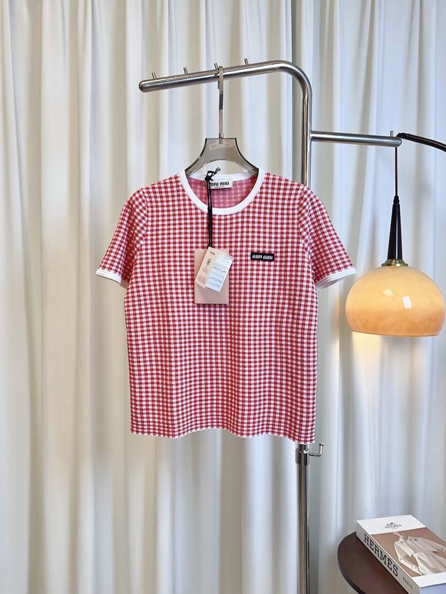 M**New logo checkered contrast short-sleeved top Custom-made woven Tencel fabric