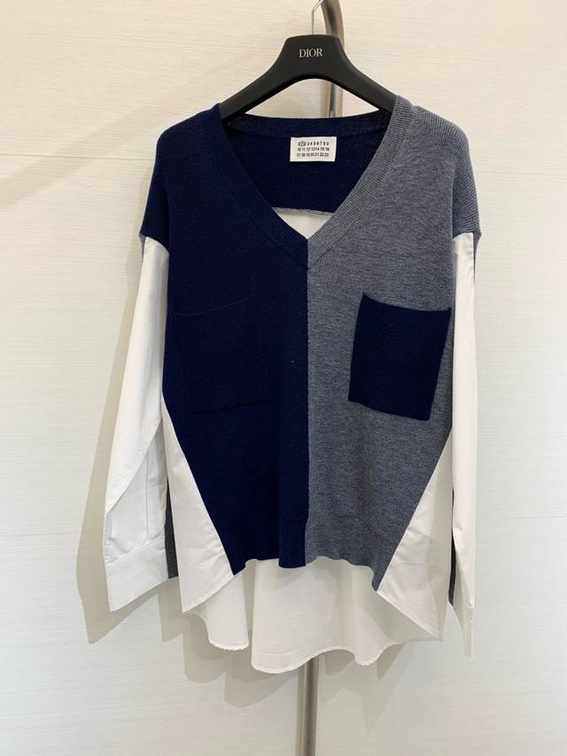 New early spring splicing fake two-piece knitted shirt, contrasting color splici