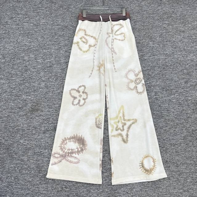 Small New summer style square drawstring contrast waistband print sweatpants wid